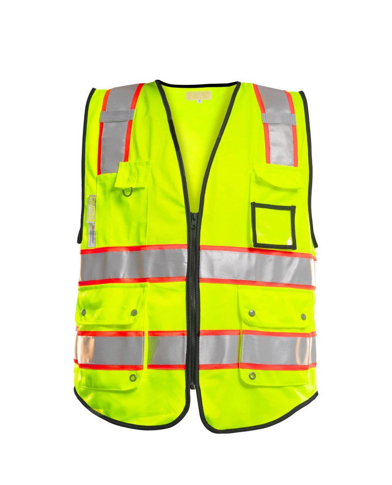 PACIFIC PPE سترة أمان للرجال من PACIFIC ذات 10 جيوب، أشرطة عاكسة عالية الوضوح 3M مع جيوب وسحاب، فئة ANSI 2، أصفر، كبير - Image 1